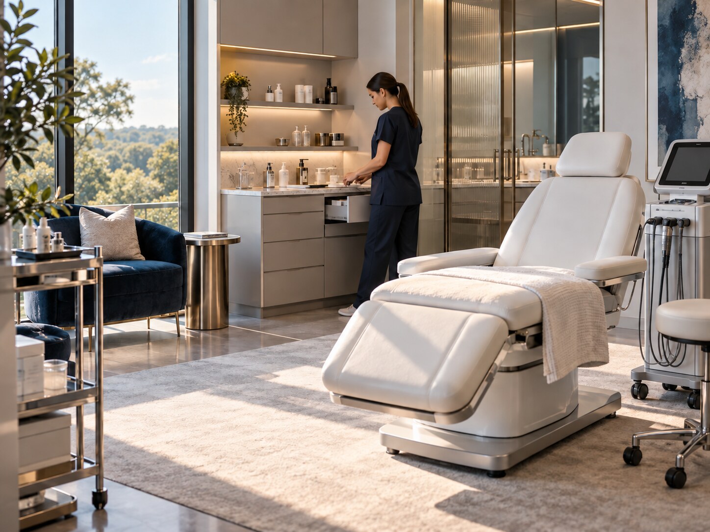 Premium aesthetic treatment room with a medical provider preparing the space